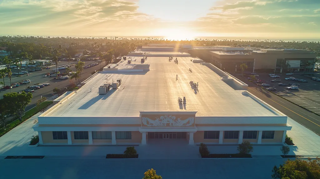 A commercial roof on a convention center in a location similar to Newport Beach with a light beams aesthetic (AI image)
