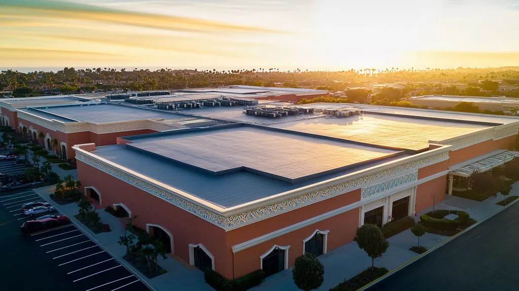 A commercial roof on a convention center in a location similar to Newport Beach with a light beams aesthetic (AI image)