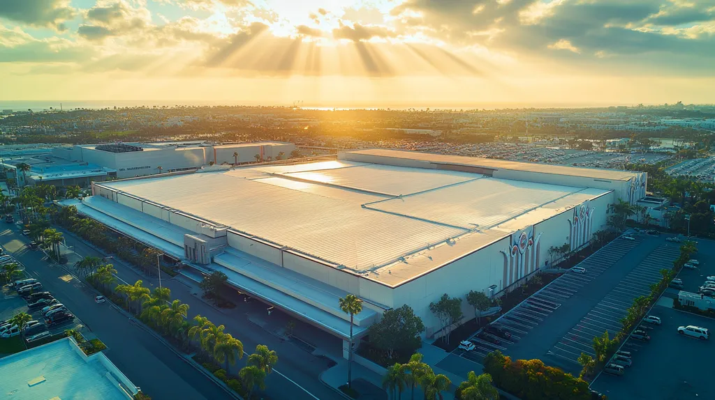 A commercial roof on a convention center in a location similar to Newport Beach with a light beams aesthetic (AI image)