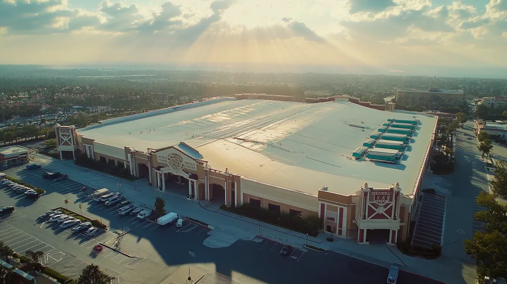 A commercial roof on a convention center in a location similar to Newport Beach with light beams aesthetic (AI image)
