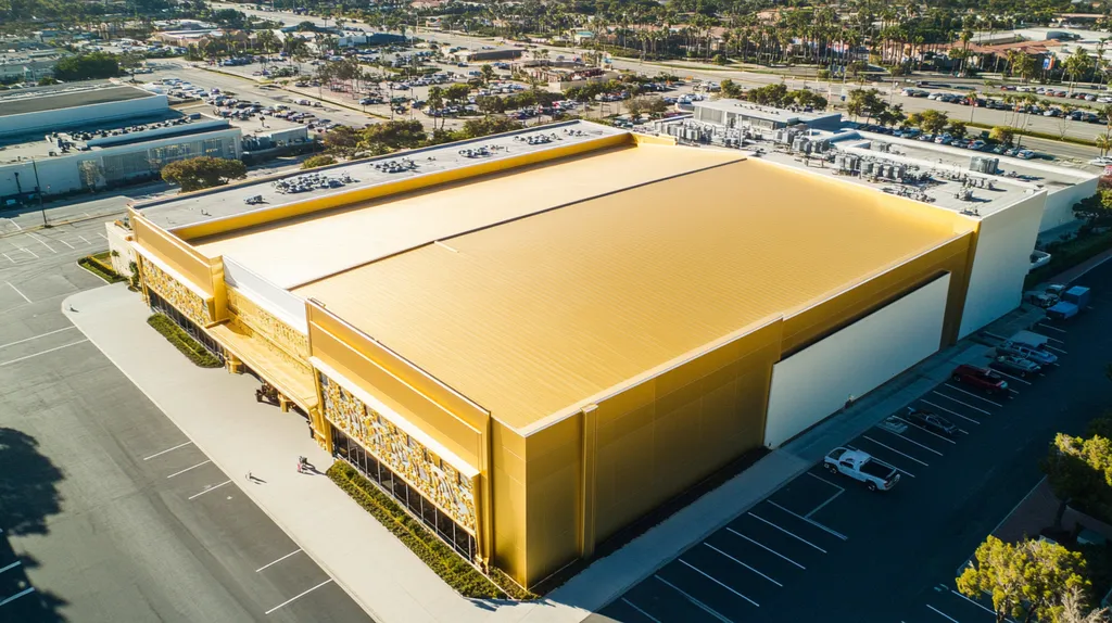 A commercial roof on a convention center in a location similar to Newport Beach with a solid gold aesthetic (AI image)