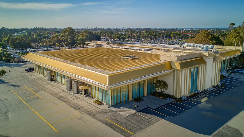 A commercial roof on a convention center in a location similar to Newport Beach with a solid gold aesthetic (AI image)