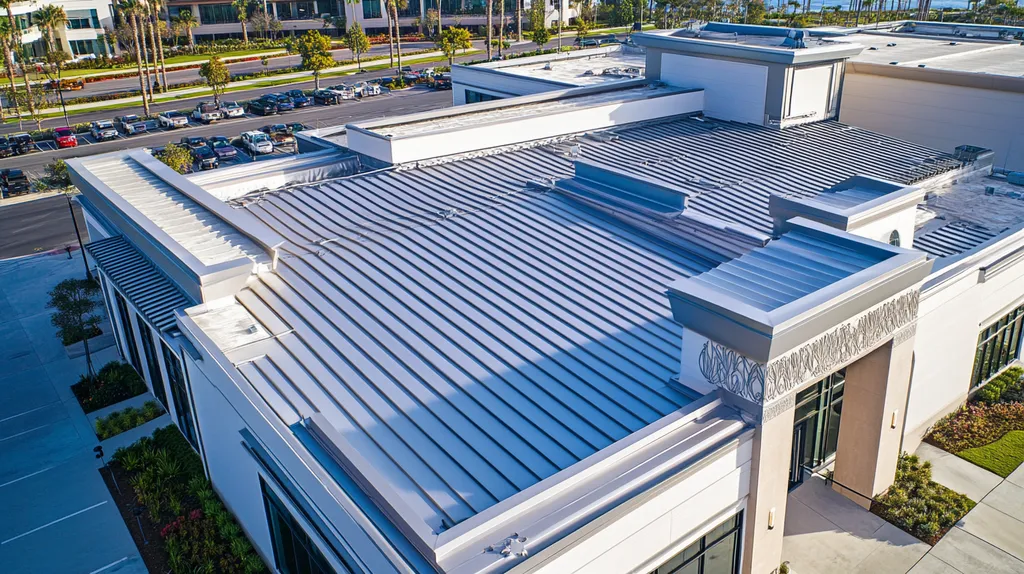 A commercial roof on a convention center in a location similar to Newport Beach with a stainless steel aesthetic (AI image)