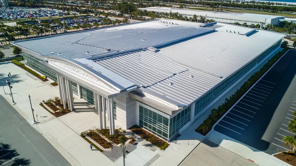 A commercial roof on a convention center in a location similar to Newport Beach with a stainless steel aesthetic (AI image)