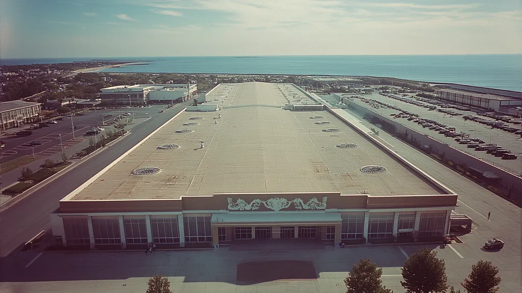 A commercial roof on a convention center in a location similar to Newport, Rhode Island with a Polaroid aesthetic (AI image)