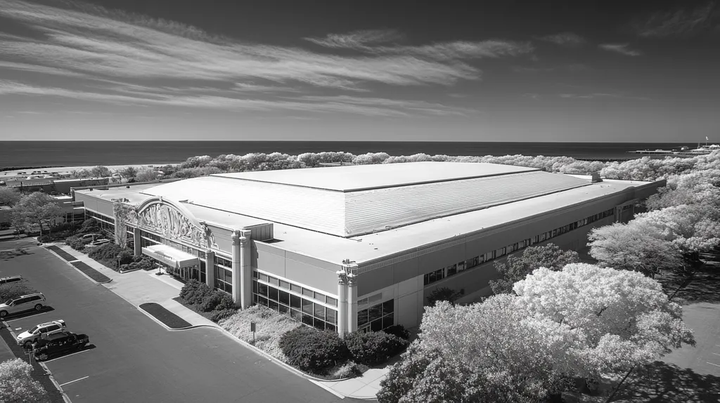 A commercial roof on a convention center in a location similar to Newport, Rhode Island with an infrared photography aesthetic (AI image)