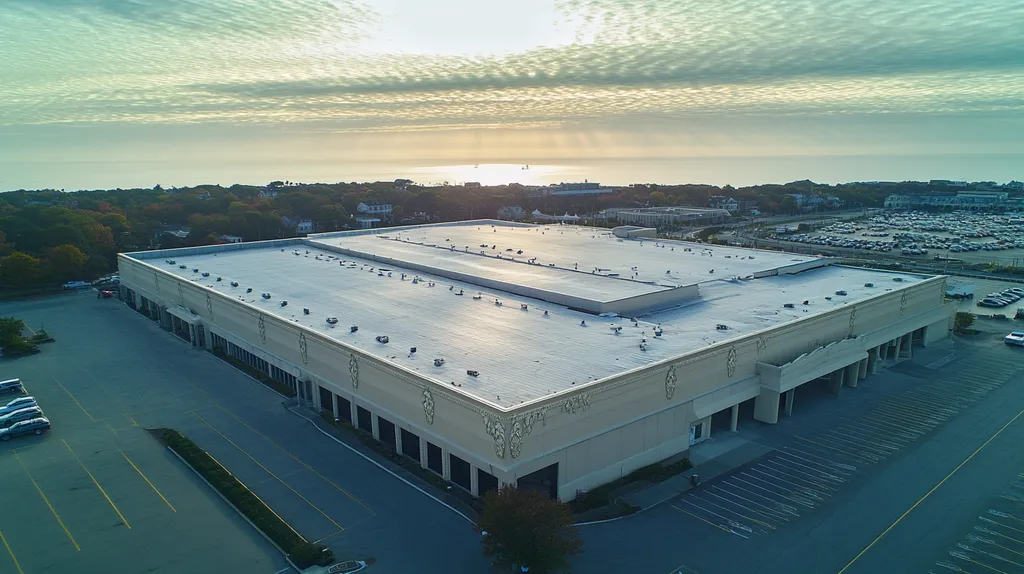 A commercial roof on a convention center in a location similar to Newport, Rhode Island with a light beams aesthetic (AI image)