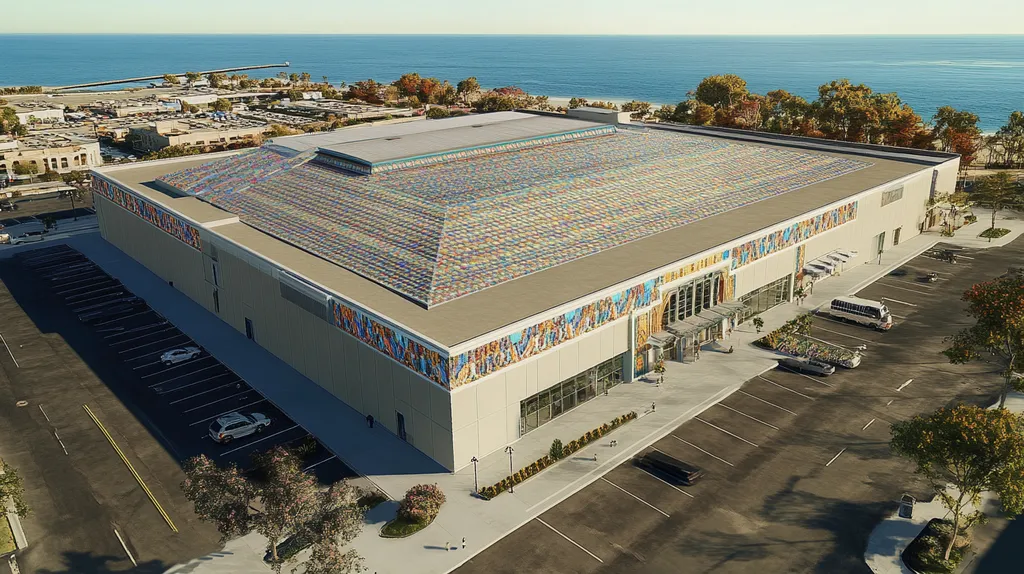A commercial roof on a convention center in a location similar to Newport, Rhode Island with a mosaic tile art aesthetic (AI image)