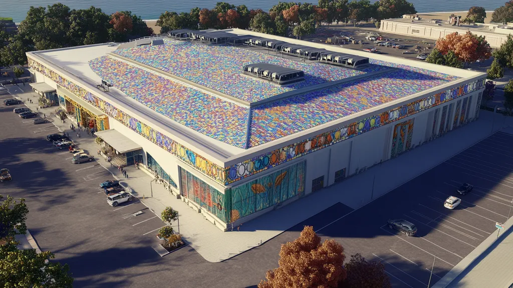 A commercial roof on a convention center in a location similar to Newport, Rhode Island with a mosaic tile art aesthetic (AI image)