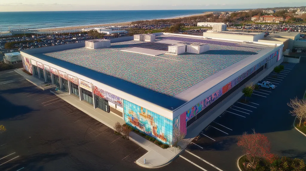 A commercial roof on a convention center in a location similar to Newport, Rhode Island with a mosaic tile art aesthetic (AI image)