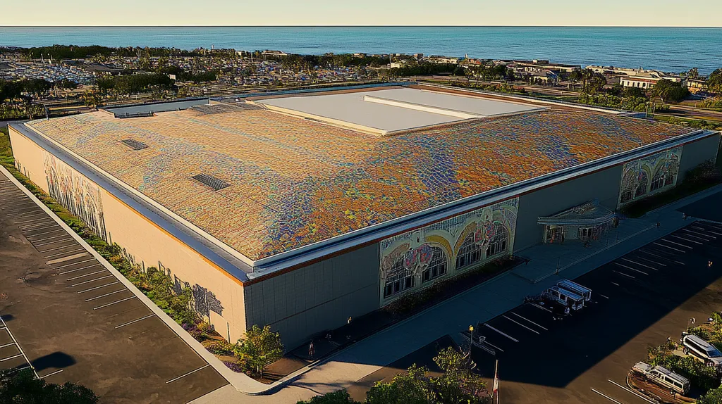 A commercial roof on a convention center in a location similar to Newport, Rhode Island with a mosaic tile art aesthetic (AI image)