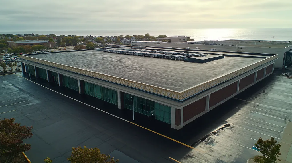 A commercial roof on a convention center in a location similar to Newport, Rhode Island with a rainy day aesthetic (AI image)