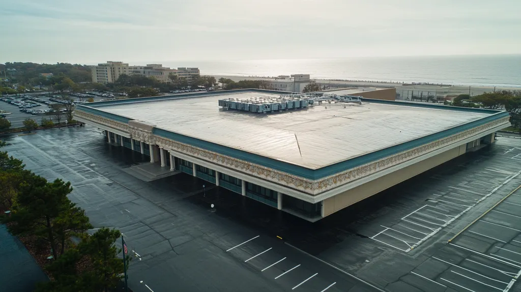 A commercial roof on a convention center in a location similar to Newport, Rhode Island with a rainy day aesthetic (AI image)
