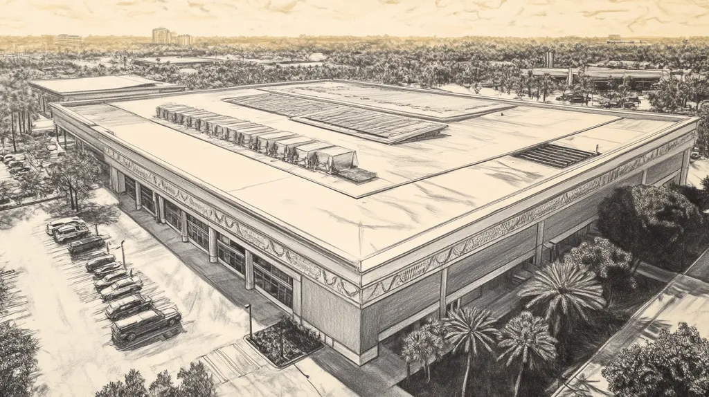 A commercial roof on a convention center in a location similar to Orlando with a charcoal sketch aesthetic (AI image)