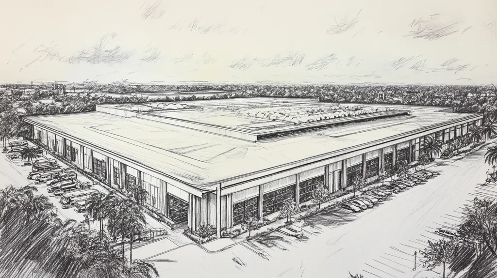 A commercial roof on a convention center in a location similar to Orlando with a charcoal sketch aesthetic (AI image)