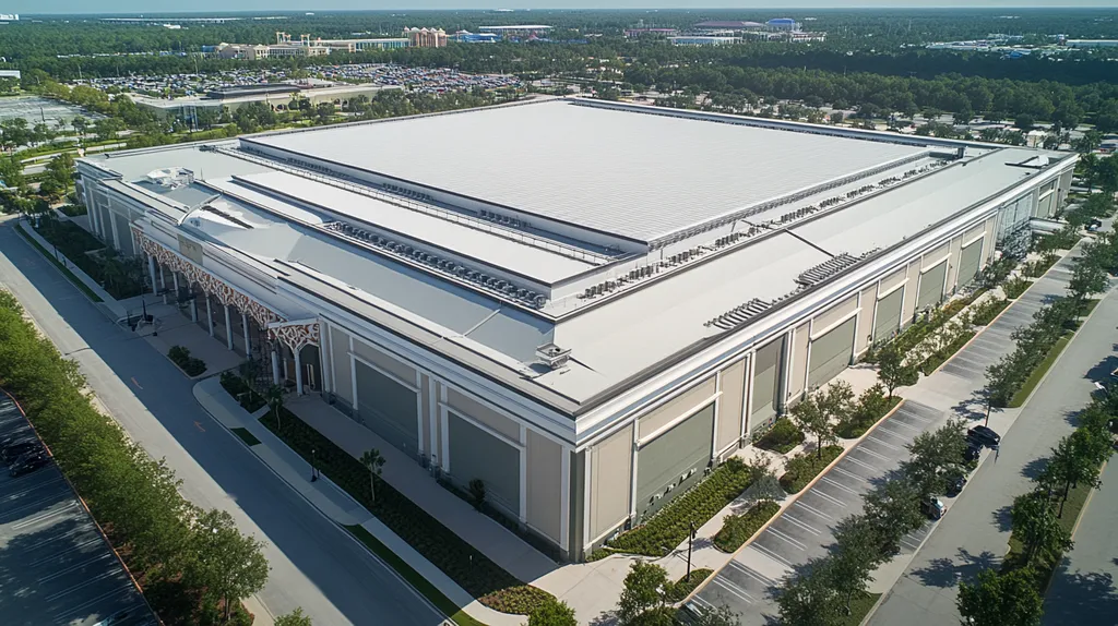 A commercial roof on a convention center in a location similar to Orlando with a color highlight aesthetic (AI image)