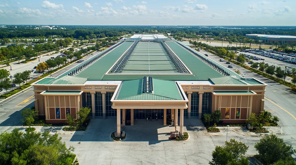 A commercial roof on a convention center in a location similar to Orlando with a color highlight aesthetic (AI image)