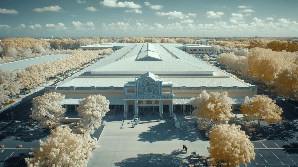 A commercial roof on a convention center in a location similar to Orlando with an infrared photography aesthetic (AI image)