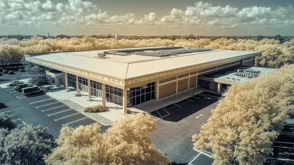 A commercial roof on a convention center in a location similar to Orlando with an infrared photography aesthetic (AI image)