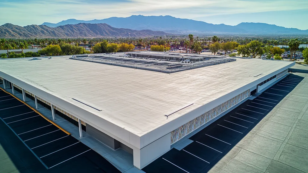 A commercial roof on a convention center in a location similar to Palm Springs with an architectural photography aesthetic (AI image)