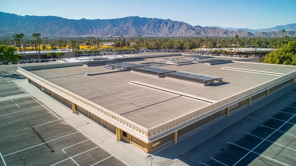 A commercial roof on a convention center in a location similar to Palm Springs with an architectural photography aesthetic (AI image)