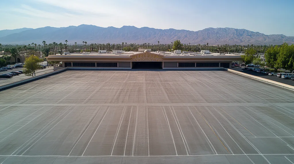 A commercial roof on a convention center in a location similar to Palm Springs with an architectural photography aesthetic (AI image)