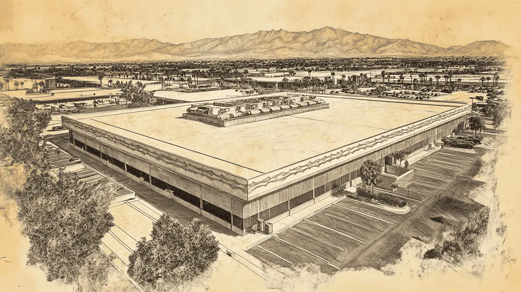 A commercial roof on a convention center in a location similar to Palm Springs with a charcoal sketch aesthetic (AI image)