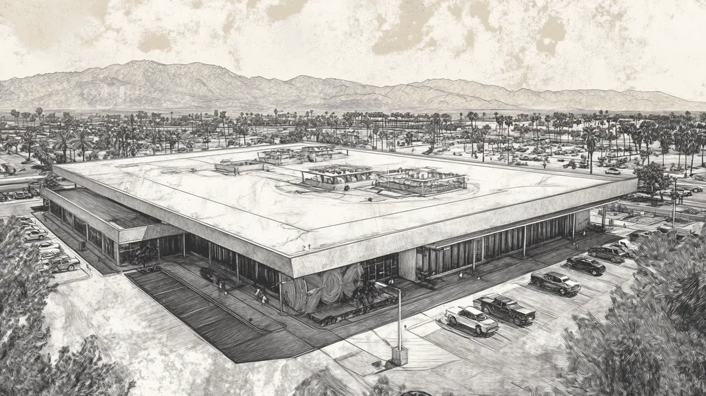 A commercial roof on a convention center in a location similar to Palm Springs with a charcoal sketch aesthetic (AI image)