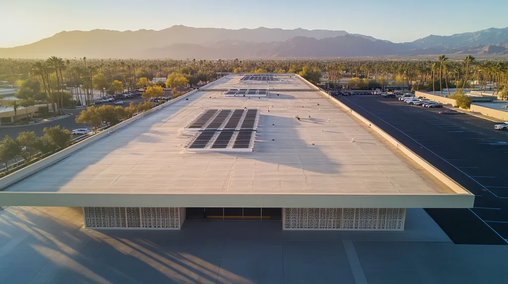 A commercial roof on a convention center in a location similar to Palm Springs with an ethereal glow aesthetic (AI image)