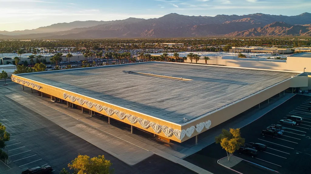 A commercial roof on a convention center in a location similar to Palm Springs with an ethereal glow aesthetic (AI image)