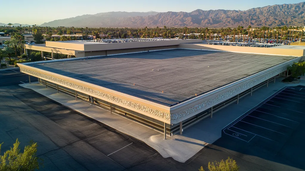 A commercial roof on a convention center in a location similar to Palm Springs with an ethereal glow aesthetic (AI image)