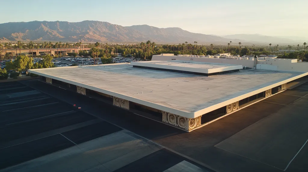 A commercial roof on a convention center in a location similar to Palm Springs with an ethereal glow aesthetic (AI image)