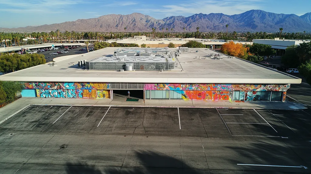 A commercial roof on a convention center in a location similar to Palm Springs with a graffiti mural aesthetic (AI image)