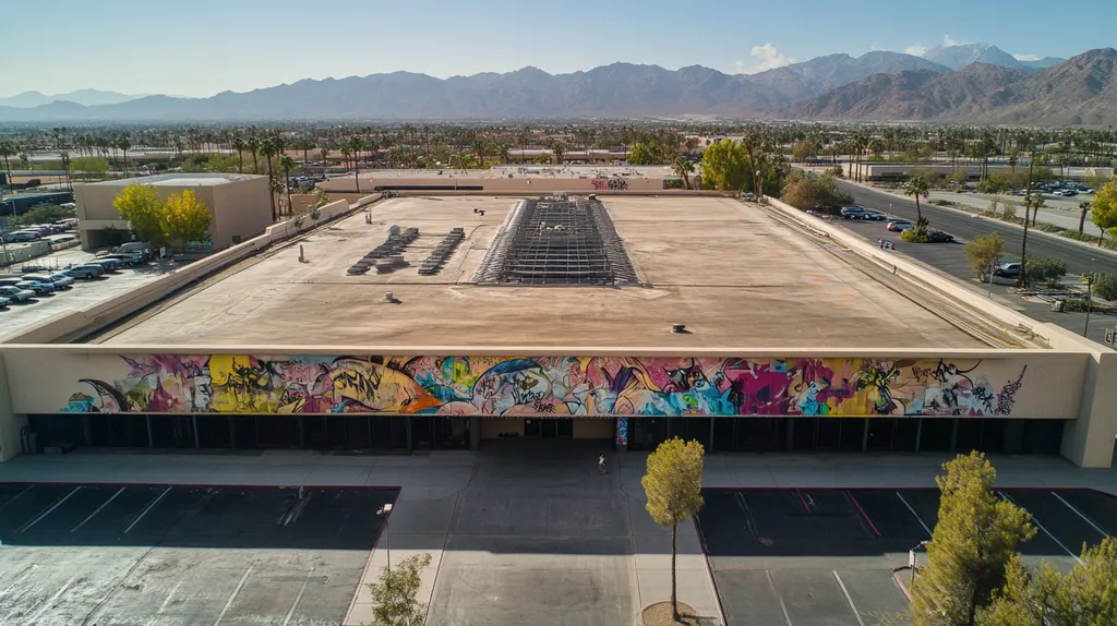 A commercial roof on a convention center in a location similar to Palm Springs with a graffiti mural aesthetic (AI image)