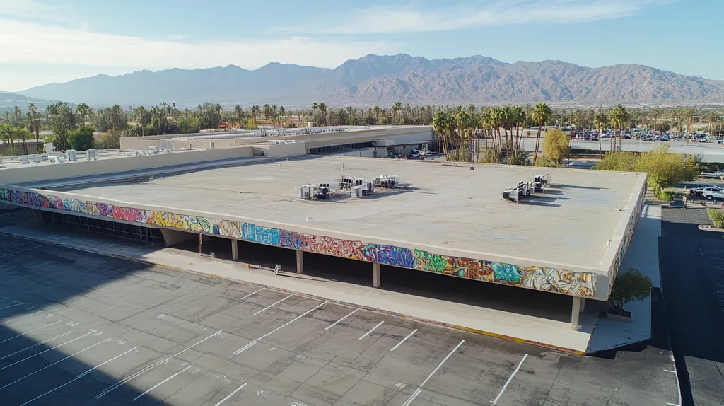 A commercial roof on a convention center in a location similar to Palm Springs with a graffiti mural aesthetic (AI image)
