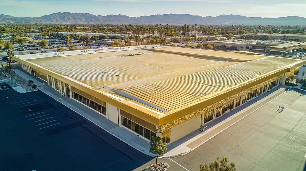 A commercial roof on a convention center in a location similar to Palm Springs with a solid gold aesthetic (AI image)