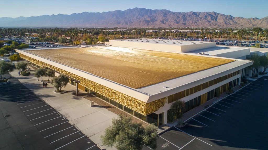 A commercial roof on a convention center in a location similar to Palm Springs with a solid gold aesthetic (AI image)