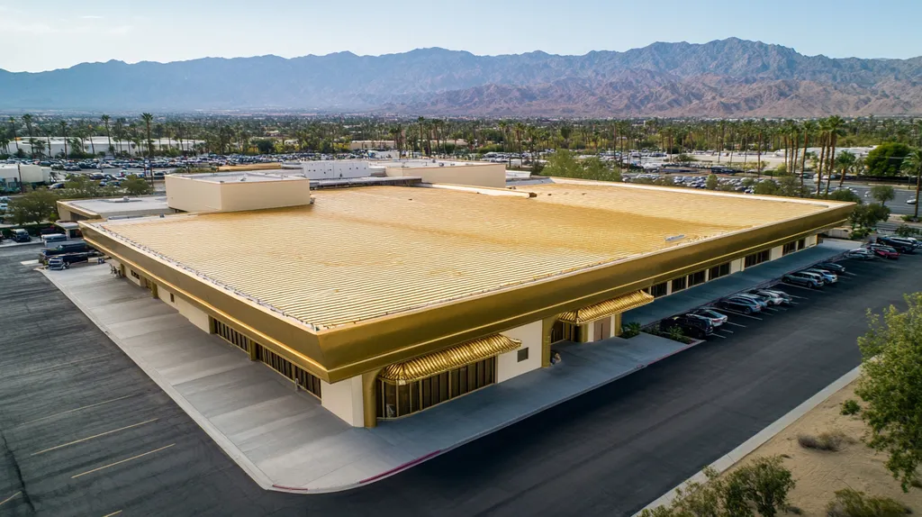 A commercial roof on a convention center in a location similar to Palm Springs with a solid gold aesthetic (AI image)