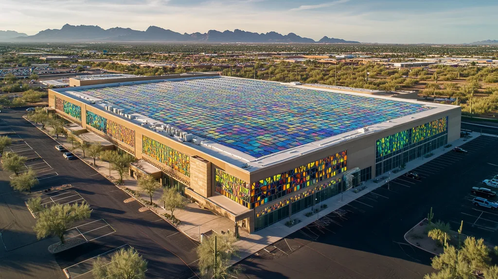 A commercial roof on a convention center in a location similar to Phoenix with a stained glass style aesthetic (AI image)