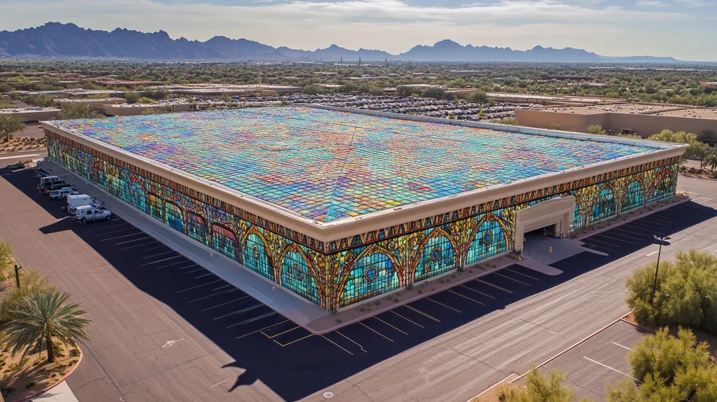 A commercial roof on a convention center in a location similar to Phoenix with a stained glass style aesthetic (AI image)