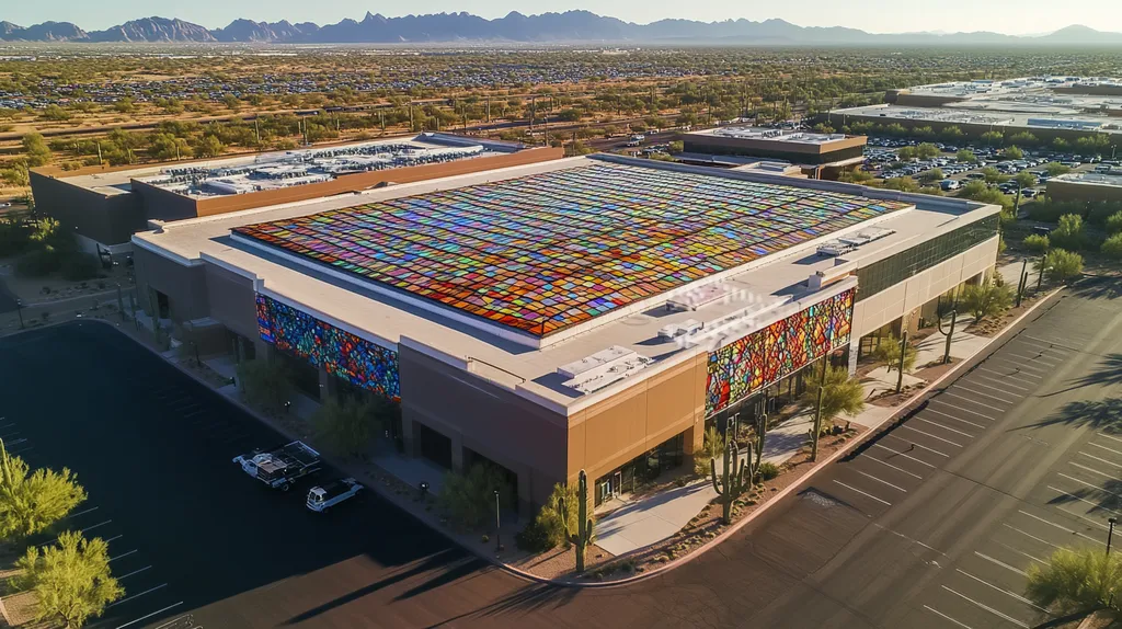 A commercial roof on a convention center in a location similar to Phoenix with a stained glass style aesthetic (AI image)