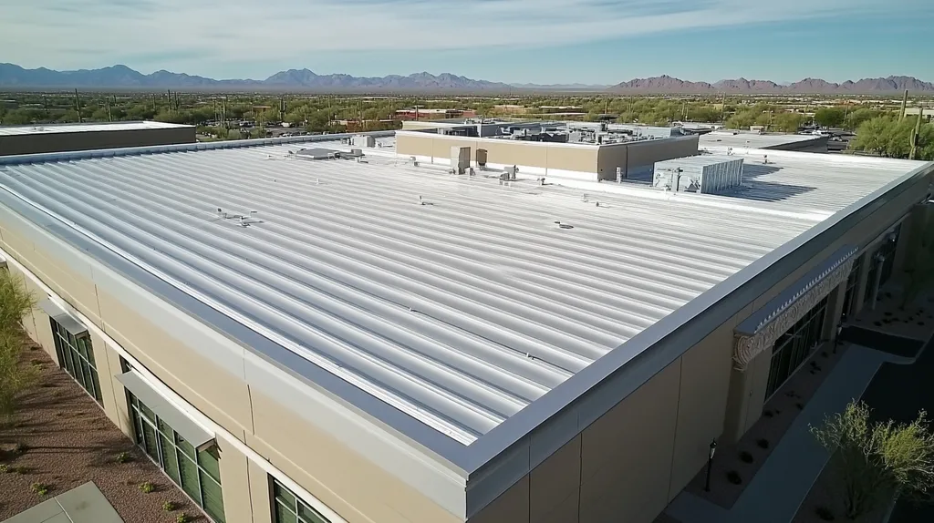 A commercial roof on a convention center in a location similar to Phoenix with a stainless steel aesthetic (AI image)