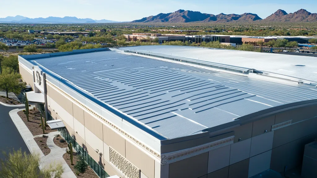 A commercial roof on a convention center in a location similar to Phoenix with a stainless steel aesthetic (AI image)