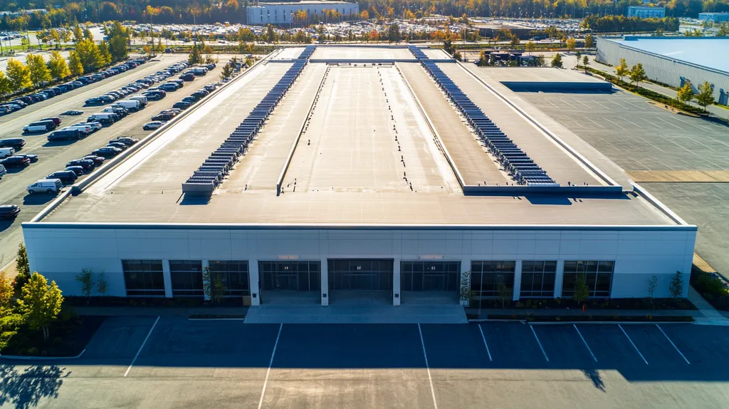 A commercial roof on a convention center in a location similar to Portland, Maine with an architectural photography aesthetic (AI image)