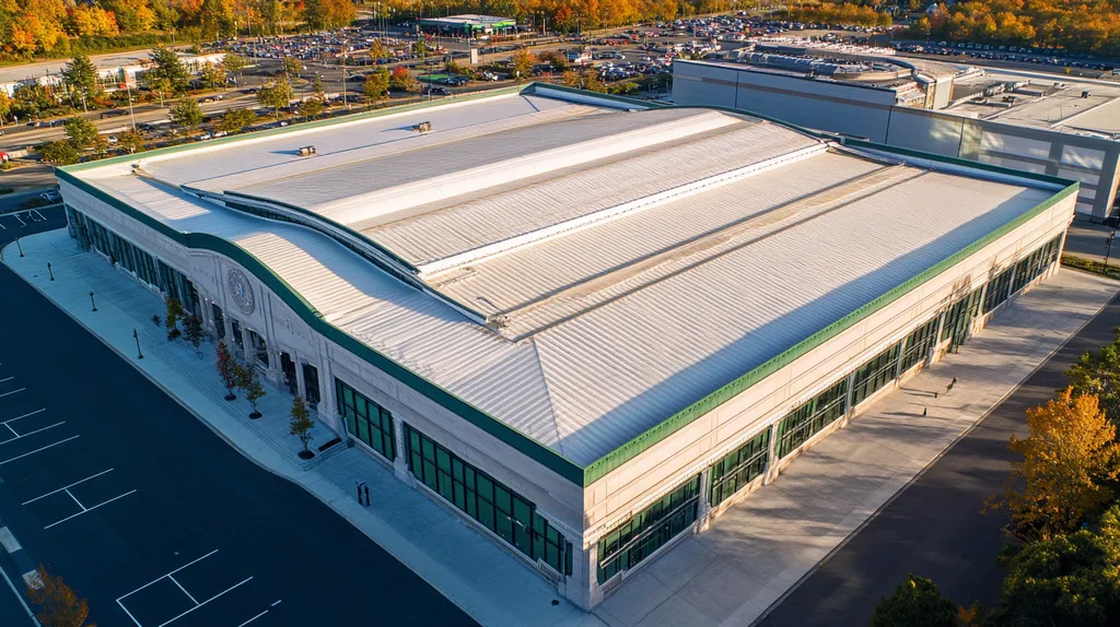 A commercial roof on a convention center in a location similar to Portland, Maine with an architectural photography aesthetic (AI image)