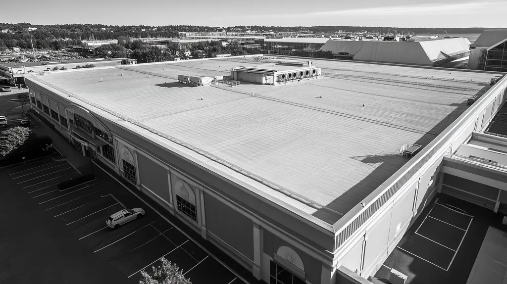 A commercial roof on a convention center in a location similar to Portland, Maine with a black and white photography aesthetic (AI image)