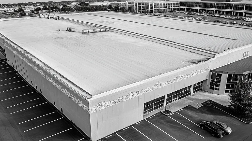 A commercial roof on a convention center in a location similar to Portland, Maine with a black and white photography aesthetic (AI image)