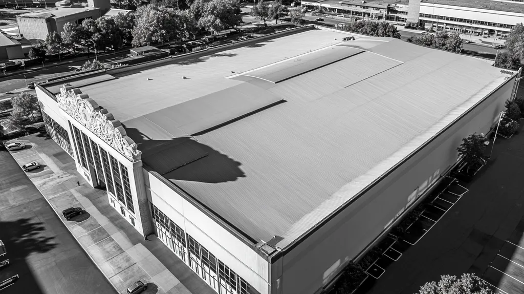 A commercial roof on a convention center in a location similar to Portland, Maine with a black and white photography aesthetic (AI image)