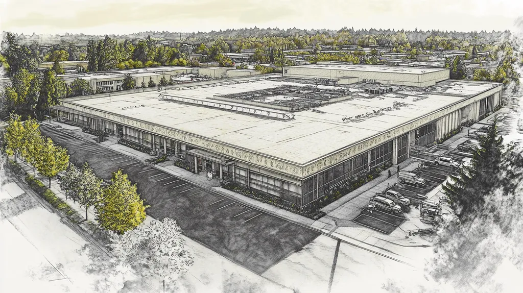 A commercial roof on a convention center in a location similar to Portland with a charcoal sketch aesthetic (AI image)