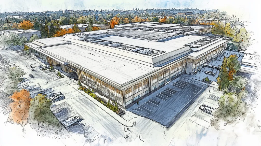 A commercial roof on a convention center in a location similar to Portland with a charcoal sketch aesthetic (AI image)